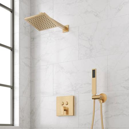 Signature Hardware Hibiscus Pressure Balanced Shower System with Shower Head, Hand Shower, Shower Arm, Hose, and Valve Trim Brushed Gold