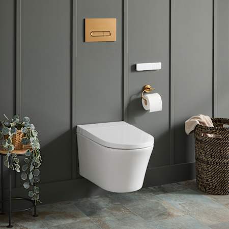 Signature Hardware Glinda 1.28 GPF Dual Flush Wall Mounted One Piece Elongated Smart Toilet - Bidet Seat Included White / Brushed Gold