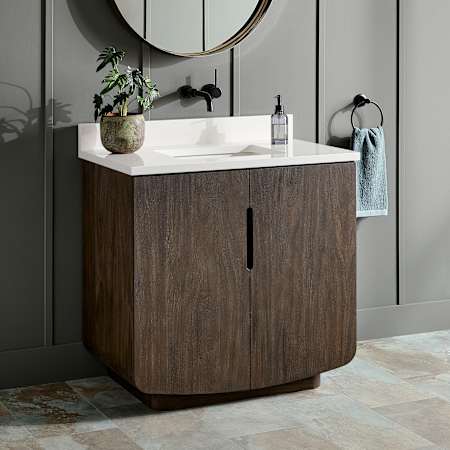 Signature Hardware Yvon 36" Freestanding Single Basin Vanity Set with Cabinet, Vanity Top, and Rectangular Undermount Sink - No Faucet Holes Deep Taupe / Arctic White