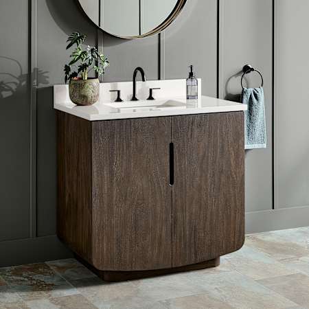 Signature Hardware Yvon 36" Freestanding Single Basin Vanity Set with Cabinet, Vanity Top, and Rectangular Undermount Sink - 8" Faucet Holes Deep Taupe / Arctic White