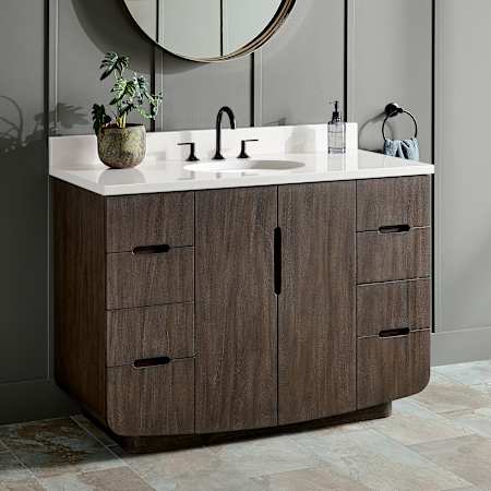 Signature Hardware Yvon 48" Freestanding Single Basin Vanity Set with Cabinet, Vanity Top, and Oval Undermount Sink - 8" Faucet Holes Deep Taupe / Arctic White