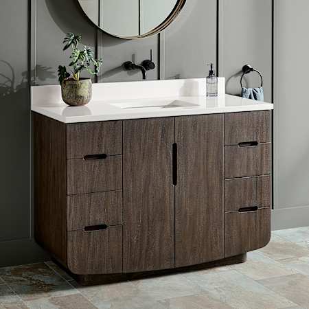 Signature Hardware Yvon 48" Freestanding Single Basin Vanity Set with Cabinet, Vanity Top, and Rectangular Undermount Sink - No Faucet Holes Deep Taupe / Arctic White