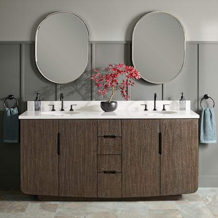 Signature Hardware Yvon 72" Freestanding Double Basin Vanity Set with Cabinet, Vanity Top, and Oval Undermount Sinks - 8" Faucet Holes Deep Taupe / Arctic White