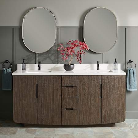 Signature Hardware Yvon 72" Freestanding Double Basin Vanity Set with Cabinet, Vanity Top, and Rectangular Undermount Sinks - Single Faucet Holes Deep Taupe / Arctic White