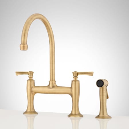 Signature Hardware Marceau 1.75 GPM Double Handle Bridge Kitchen Faucet with Side Spray Aged Brass