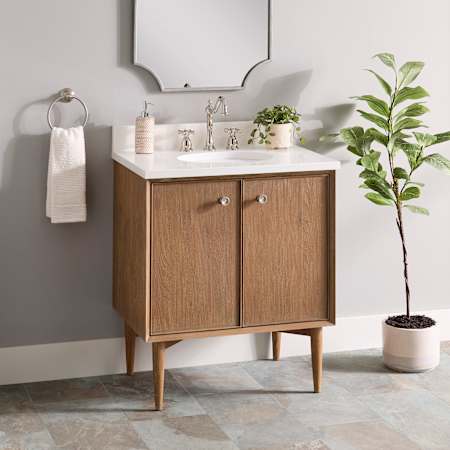 Signature Hardware Wendolyn 30" Freestanding Teak Single Basin Vanity Set with Cabinet, Vanity Top, and Oval Undermount Sink - 8" Widespread Faucet Holes Washed Teak / Arctic White