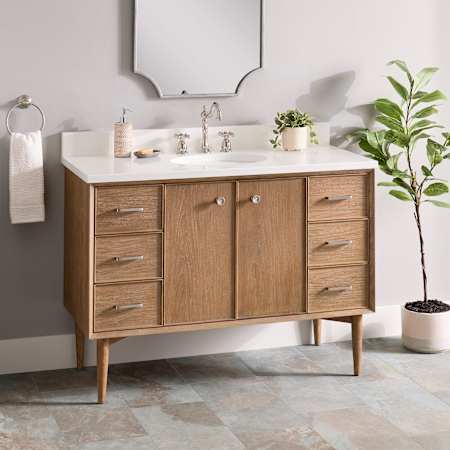 Signature Hardware Wendolyn 48" Freestanding Teak Single Basin Vanity Set with Cabinet, Vanity Top, and Oval Undermount Sink - 8" Widespread Faucet Holes Washed Teak / Arctic White