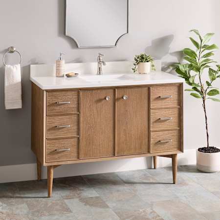 Signature Hardware Wendolyn 48" Freestanding Teak Single Basin Vanity Set with Cabinet, Vanity Top, and Rectangular Undermount Sink - Single Faucet Hole Washed Teak / Arctic White