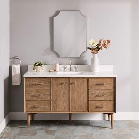 Signature Hardware Wendolyn 60" Freestanding Teak Single Basin Vanity Set with Cabinet, Vanity Top, and Rectangular Undermount Sink - 8" Widespread Faucet Holes Washed Teak / Arctic White