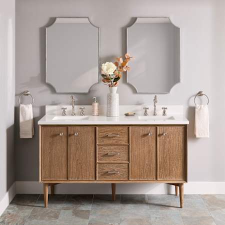Signature Hardware Wendolyn 60" Freestanding Teak Double Basin Vanity Set with Cabinet, Vanity Top, and Rectangular Undermount Sinks - 8" Widespread Faucet Holes Washed Teak / Arctic White