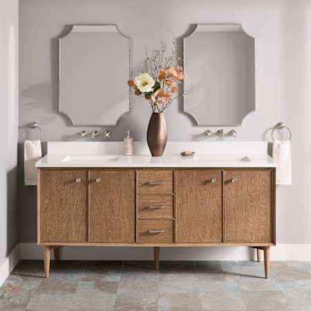 Signature Hardware Wendolyn 72" Freestanding Teak Double Basin Vanity Set with Cabinet, Vanity Top, and Rectangular Undermount Sinks - No Faucet Holes Washed Teak / Arctic White