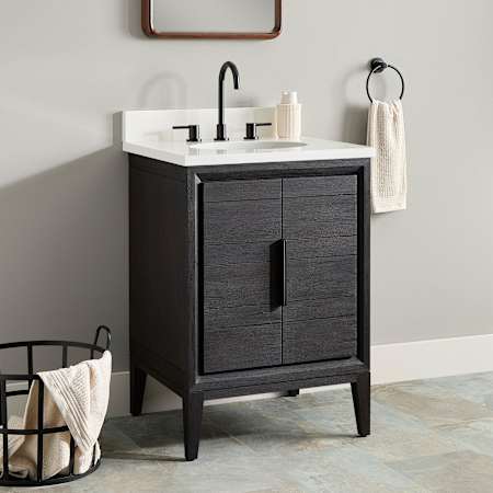 Signature Hardware Aliso 24" Freestanding Teak Single Basin Vanity Set with Cabinet, Vanity Top, and Oval Undermount Sink - 8" Widespread Faucet Holes Charred Timber Black / Arctic White
