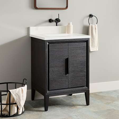 Signature Hardware Aliso 24" Freestanding Teak Single Basin Vanity Set with Cabinet, Vanity Top, and Rectangular Undermount Sink - No Faucet Holes Charred Timber Black / Arctic White