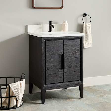 Signature Hardware Aliso 24" Freestanding Teak Single Basin Vanity Set with Cabinet, Vanity Top, and Rectangular Undermount Sink - Single Faucet Hole Charred Timber Black / Arctic White