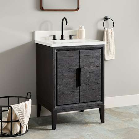Signature Hardware Aliso 24" Freestanding Teak Single Basin Vanity Set with Cabinet, Vanity Top, and Rectangular Undermount Sink - 8" Widespread Faucet Holes Charred Timber Black / Arctic White