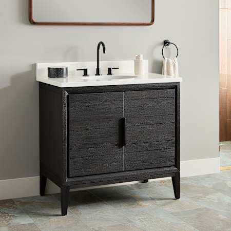 Signature Hardware Aliso 36" Freestanding Teak Single Basin Vanity Set with Cabinet, Vanity Top, and Oval Undermount Sink - 8" Widespread Faucet Holes Charred Timber Black / Arctic White