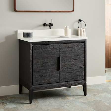 Signature Hardware Aliso 36" Freestanding Teak Single Basin Vanity Set with Cabinet, Vanity Top, and Rectangular Undermount Sink - No Faucet Holes Charred Timber Black / Arctic White