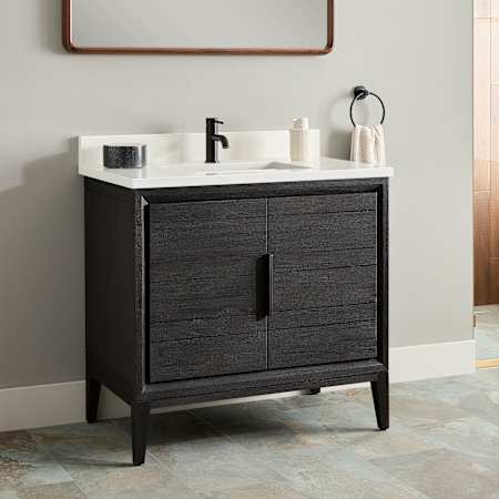 Signature Hardware Aliso 36" Freestanding Teak Single Basin Vanity Set with Cabinet, Vanity Top, and Rectangular Undermount Sink - Single Faucet Hole Charred Timber Black / Arctic White