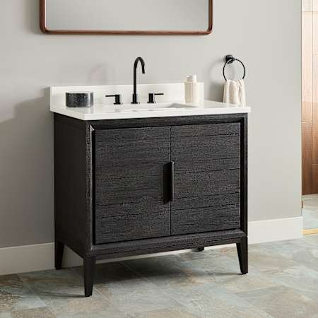 Signature Hardware Aliso 36" Freestanding Teak Single Basin Vanity Set with Cabinet, Vanity Top, and Rectangular Undermount Sink - 8" Widespread Faucet Holes Charred Timber Black / Arctic White