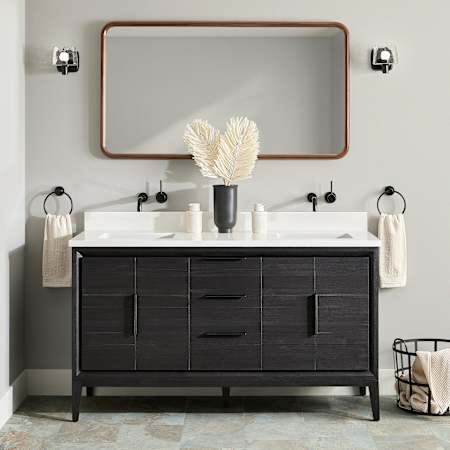 Signature Hardware Aliso 60" Freestanding Teak Double Basin Vanity Set with Cabinet, Vanity Top, and Rectangular Undermount Sinks - No Faucet Holes Charred Timber Black / Arctic White