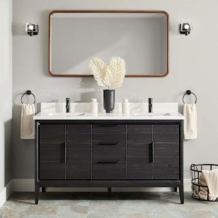 Signature Hardware Aliso 60" Freestanding Teak Double Basin Vanity Set with Cabinet, Vanity Top, and Rectangular Undermount Sinks - Single Faucet Holes Charred Timber Black / Arctic White