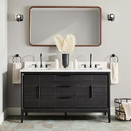 Signature Hardware Aliso 60" Freestanding Teak Double Basin Vanity Set with Cabinet, Vanity Top, and Rectangular Undermount Sinks - 8" Widespread Faucet Holes Charred Timber Black / Arctic White