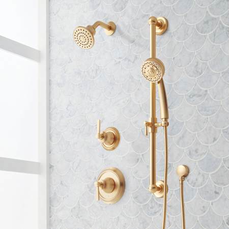 Signature Hardware Pendleton Ceramic Disc, Pressure Balanced Shower System with Shower Head, Hand Shower, Slide Bar, Shower Arm, and Hose - Valve Included Brushed Gold