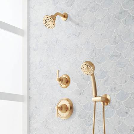 Signature Hardware Pendleton Ceramic Disc, Pressure Balanced Shower System with Shower Head, Hand Shower, Shower Arm, and Hose - Valve Included Brushed Gold