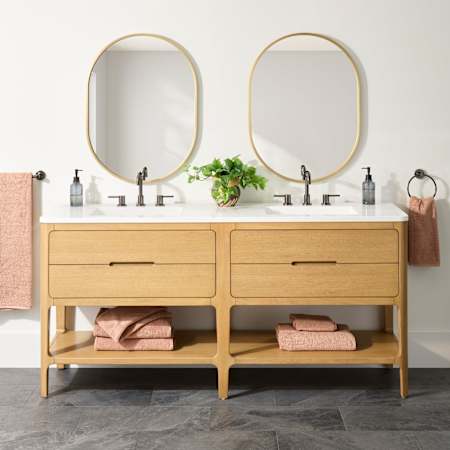 Signature Hardware Rheya 72" Double Vanity Set with Rubberwood Cabinet, Solid Surface Vanity Top, and Rectangular Sinks - 8" Widespread Faucet Holes Blonde Oak