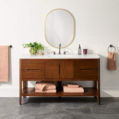Signature Hardware Rheya 60" Single Vanity Set with Rubberwood Cabinet, Solid Surface Vanity Top, and Rectangular Sink - 8" Widespread Faucet Holes Winterland Walnut