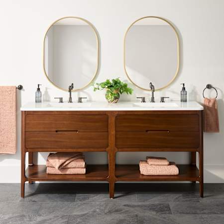 Signature Hardware Rheya 72" Double Vanity Set with Rubberwood Cabinet, Solid Surface Vanity Top, and Rectangular Solid Surface Sinks - 8" Widespread Faucet Holes Winterland Walnut