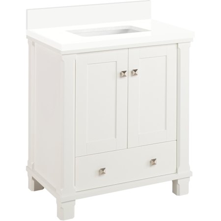 Signature Hardware Theroux 30" Single Vanity Set with Acacia Cabinet and Rectangular Porcelain Sink - No Faucet Holes Bright White / Arctic White