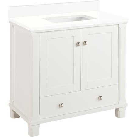 Signature Hardware Theroux 36" Single Vanity Set with Acacia Cabinet and Rectangular Porcelain Sink - No Faucet Holes Bright White / Arctic White