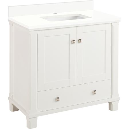 Signature Hardware Theroux 36" Single Vanity Set with Acacia Cabinet and Rectangular Porcelain Sink - Single Faucet Hole Bright White / Arctic White