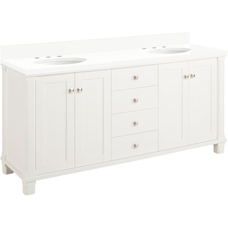 Signature Hardware Theroux 72" Double Vanity Set with Acacia Cabinet and Oval Porcelain Sinks - 8" Widespread Faucet Holes Bright White / Arctic White