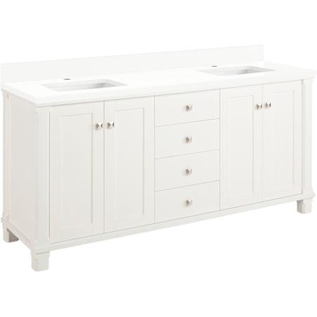 Signature Hardware Theroux 72" Double Vanity Set with Acacia Cabinet and Rectangular Porcelain Sinks - Single Faucet Holes Bright White / Arctic White