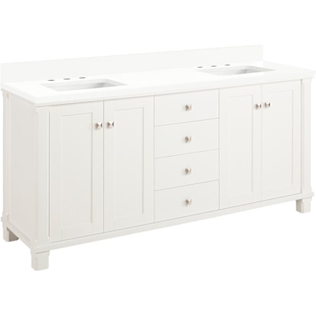 Signature Hardware Theroux 72" Double Vanity Set with Acacia Cabinet and Rectangular Porcelain Sinks - 8" Widespread Faucet Holes Bright White / Arctic White