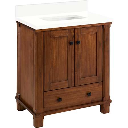 Signature Hardware Theroux 30" Single Vanity Set with Acacia Cabinet and Rectangular Porcelain Sink - No Faucet Holes Tawny Brown / Arctic White