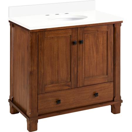 Signature Hardware Theroux 36" Single Vanity Set with Acacia Cabinet and Oval Porcelain Sink - 8" Widespread Faucet Holes Tawny Brown / Arctic White