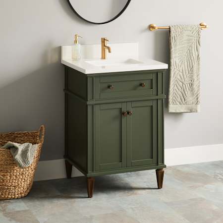 Signature Hardware Elmdale 24" Single Vanity Set with Mahogany Cabinet and Rectangular Porcelain Sink - Single Faucet Hole Dark Olive Green / Arctic White