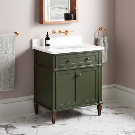 Signature Hardware Elmdale 30" Single Vanity Set with Mahogany Cabinet and Rectangular Porcelain Sink - No Faucet Hole Dark Olive Green / Arctic White