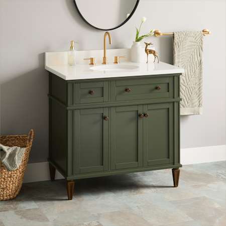 Signature Hardware Elmdale 36" Single Vanity Set with Mahogany Cabinet and Oval Porcelain Sink - 8" Widespread Faucet Holes Dark Olive Green / Arctic White