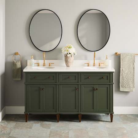 Signature Hardware Elmdale 60" Double Vanity Set with Mahogany Cabinet and Oval Porcelain Sinks - 8" Widespread Faucet Holes Dark Olive Green / Arctic White