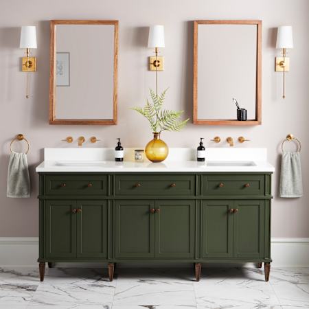 Signature Hardware Elmdale 72" Double Vanity Set with Mahogany Cabinet and Rectangular Porcelain Sinks - No Faucet Hole Dark Olive Green / Arctic White