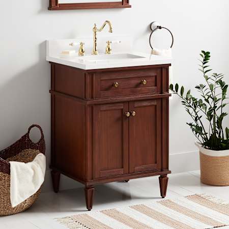 Signature Hardware Elmdale 24" Single Vanity Set with Mahogany Cabinet and Rectangular Porcelain Sink - 8" Widespread Faucet Holes Antique Brown / Arctic White