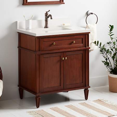 Signature Hardware Elmdale 30" Single Vanity Set with Mahogany Cabinet and Rectangular Porcelain Sink - 1" Faucet Holes Antique Brown / Arctic White