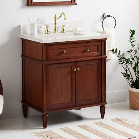 Signature Hardware Elmdale 30" Single Vanity Set with Mahogany Cabinet and Rectangular Porcelain Sink - 8" Widespread Faucet Holes Antique Brown / Arctic White