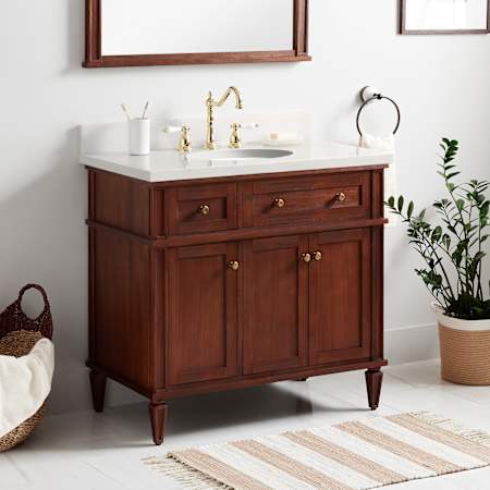Signature Hardware Elmdale 36" Single Vanity Set with Mahogany Cabinet and Oval Porcelain Sink - 8" Widespread Faucet Holes Antique Brown / Arctic White