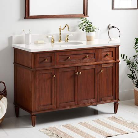 Signature Hardware Elmdale 48" Single Vanity Set with Mahogany Cabinet and Oval Porcelain Sink - 8" Widespread Faucet Holes Antique Brown / Arctic White