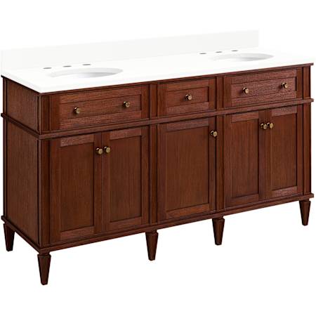 Signature Hardware Elmdale 60" Double Vanity Set with Mahogany Cabinet and Oval Porcelain Sinks - 8" Widespread Faucet Holes Antique Brown / Arctic White